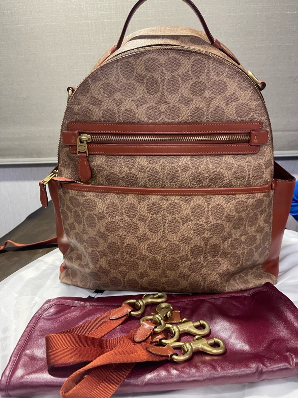 Coach Diaper bag Monogram Canvas Backpack with Brown Leather Trim